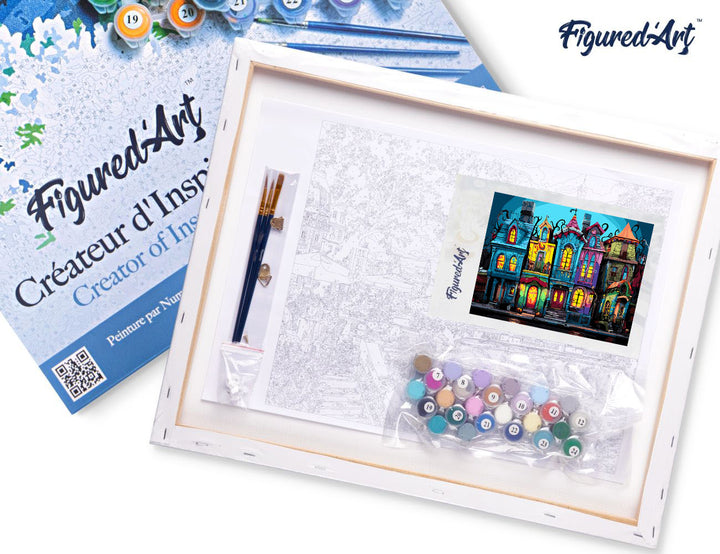 Malen nach Zahlen 40x50cm auf Keilrahmen gespannt Figured’Art Bunte Gotische Häuser