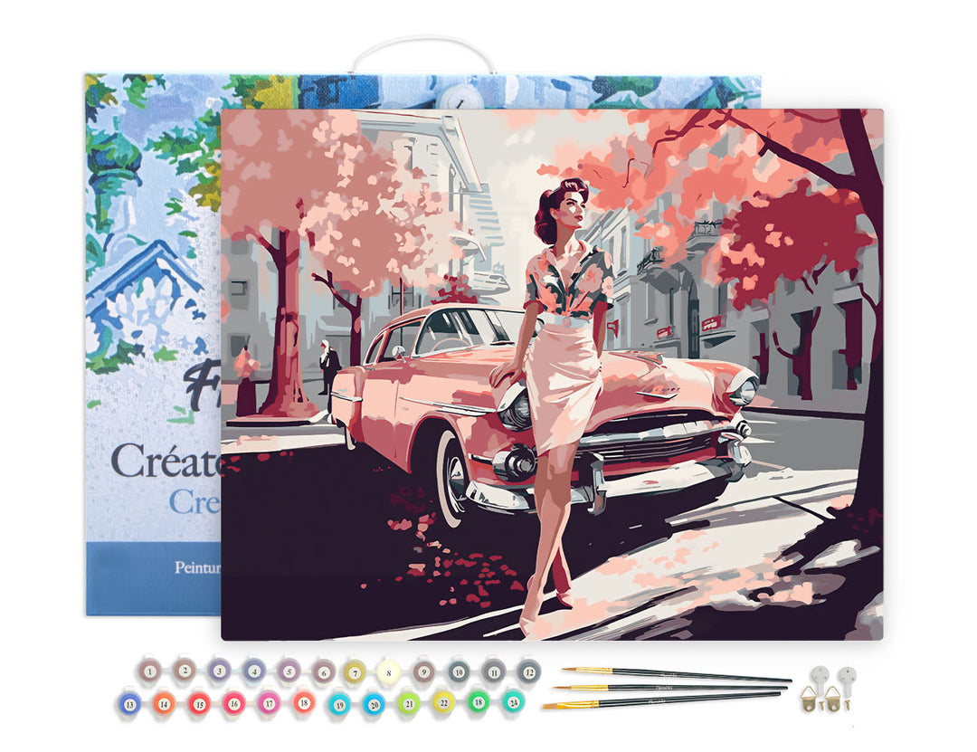 Figured'Art Malen Nach Zahlen Komplett Set Keilrahmen 40 x 50 cm Dame Mit Rosa Oldtimer - Kidis Art