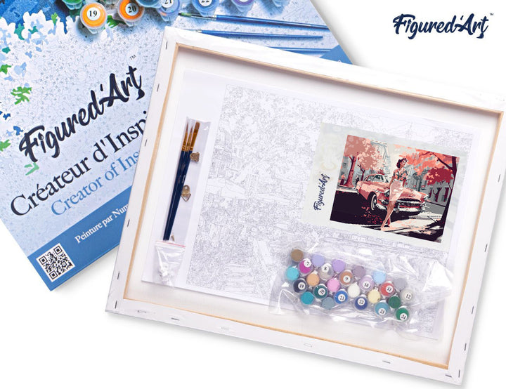 Malen nach Zahlen 40x50cm auf Keilrahmen gespannt Figured’Art Dame mit Rosa Oldtimer