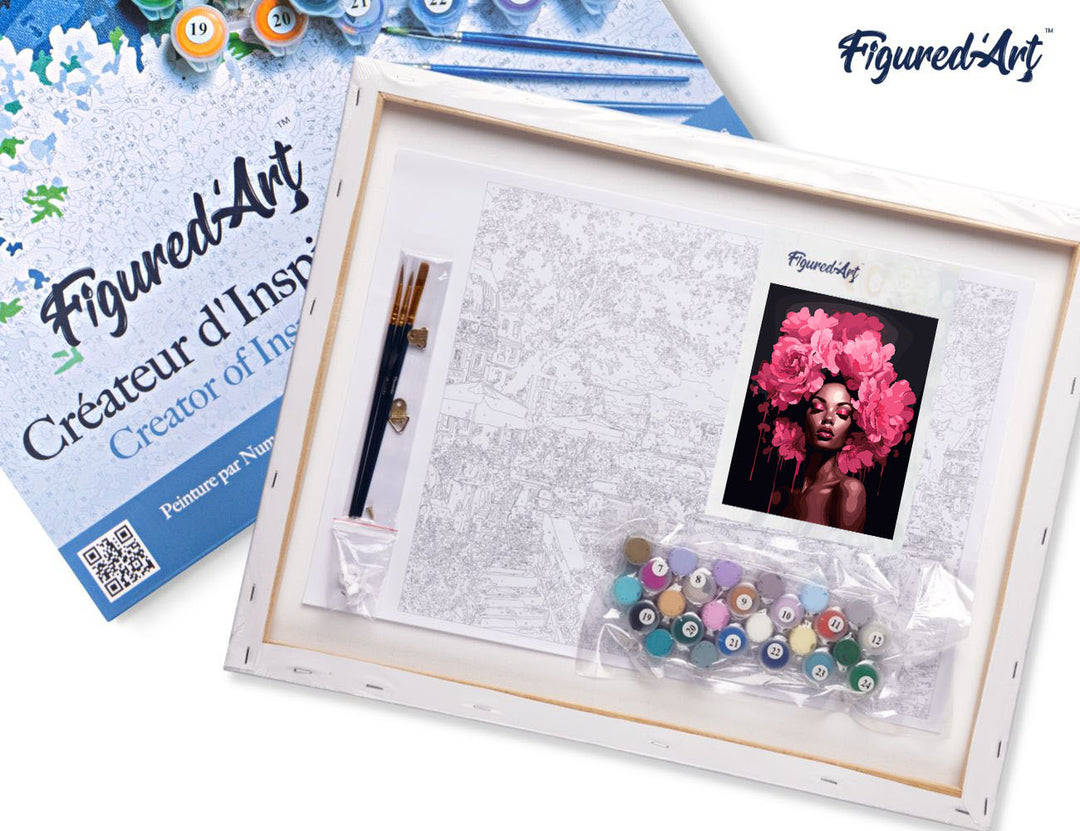 Malen nach Zahlen 40x50cm auf Keilrahmen gespannt Figured’Art Pfingstrosen Haar Dame