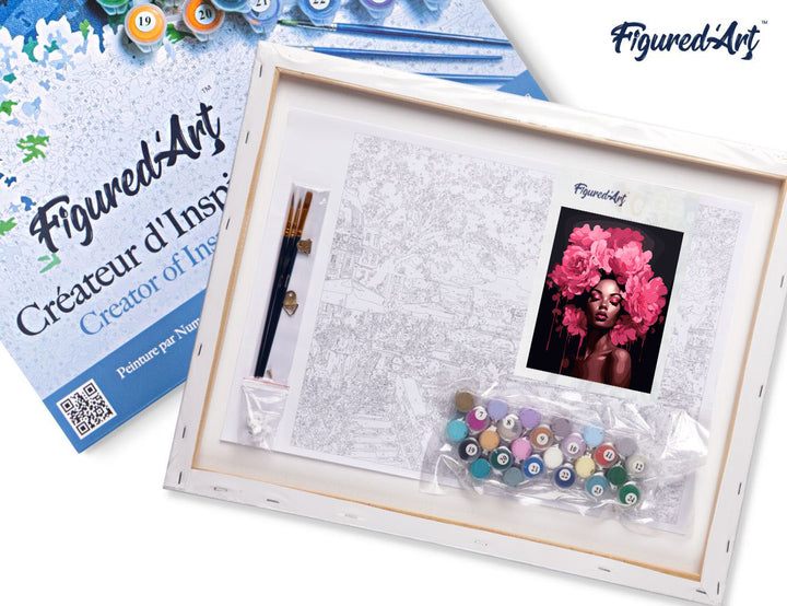 Malen nach Zahlen 40x50cm auf Keilrahmen gespannt Figured’Art Pfingstrosen Haar Dame