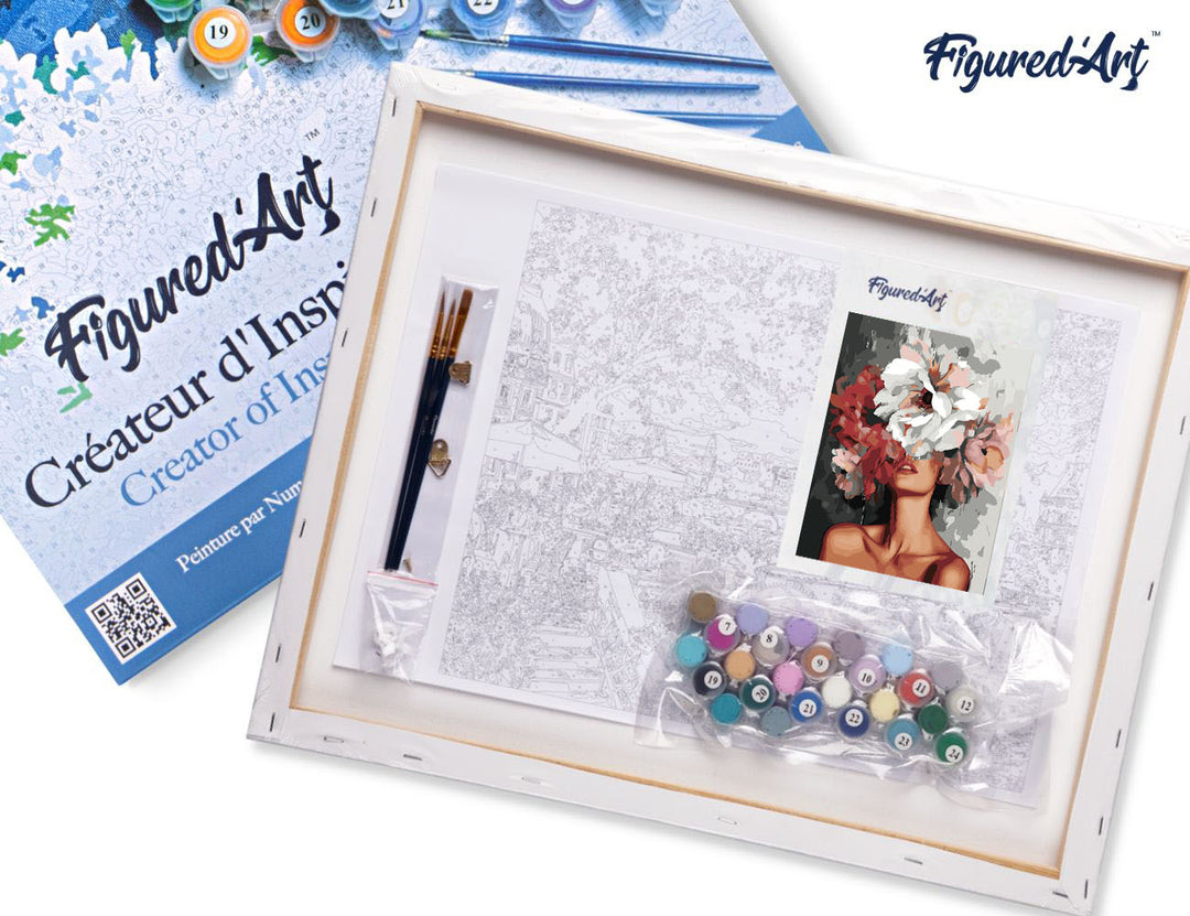 Malen nach Zahlen 40x50cm auf Keilrahmen gespannt Figured’Art Schönheit hinter Blumen