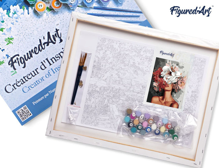 Malen nach Zahlen 40x50cm auf Keilrahmen gespannt Figured’Art Schönheit hinter Blumen