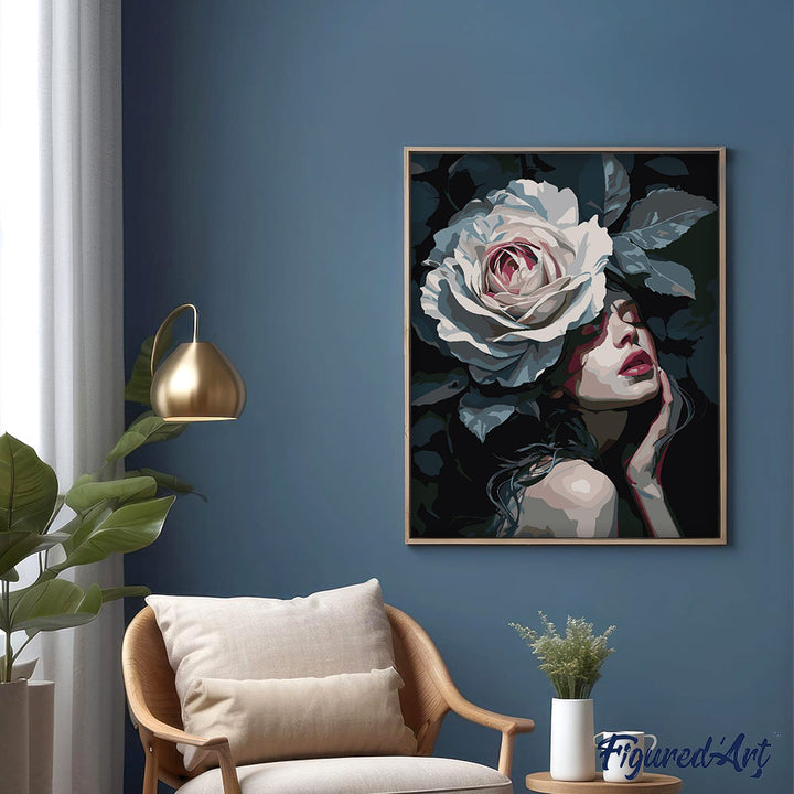 Malen nach Zahlen 40x50cm auf Keilrahmen gespannt Figured’Art Dame mit Weisser Rose