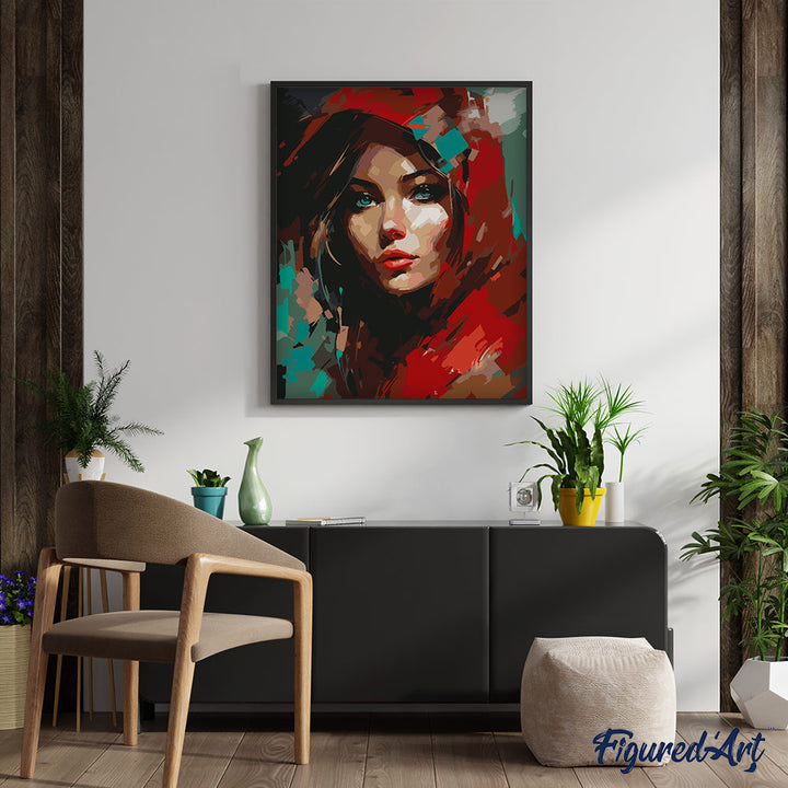 Malen nach Zahlen 40x50cm auf Keilrahmen gespannt Figured’Art Frau im Roten Schal