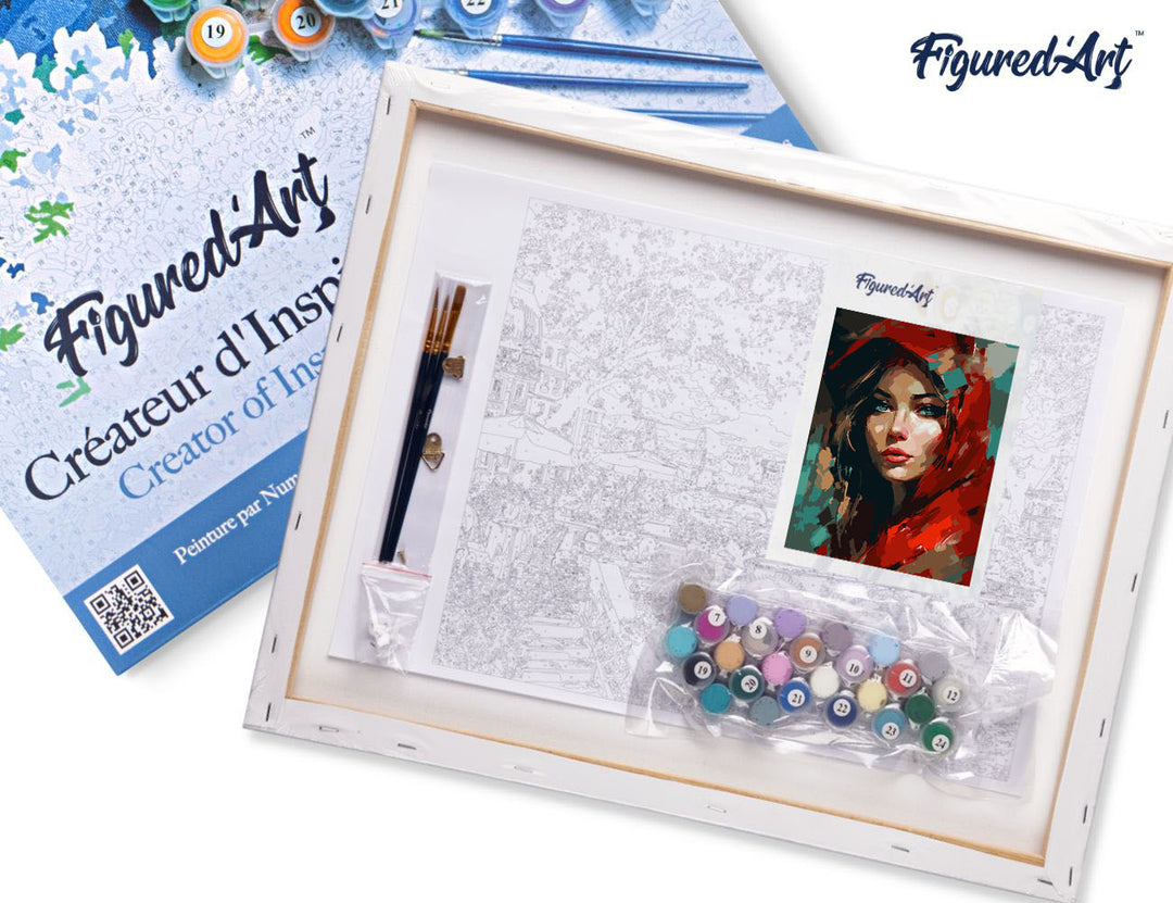 Malen nach Zahlen 40x50cm auf Keilrahmen gespannt Figured’Art Frau im Roten Schal