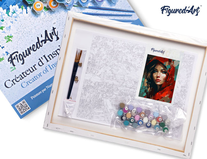 Malen nach Zahlen 40x50cm auf Keilrahmen gespannt Figured’Art Frau im Roten Schal