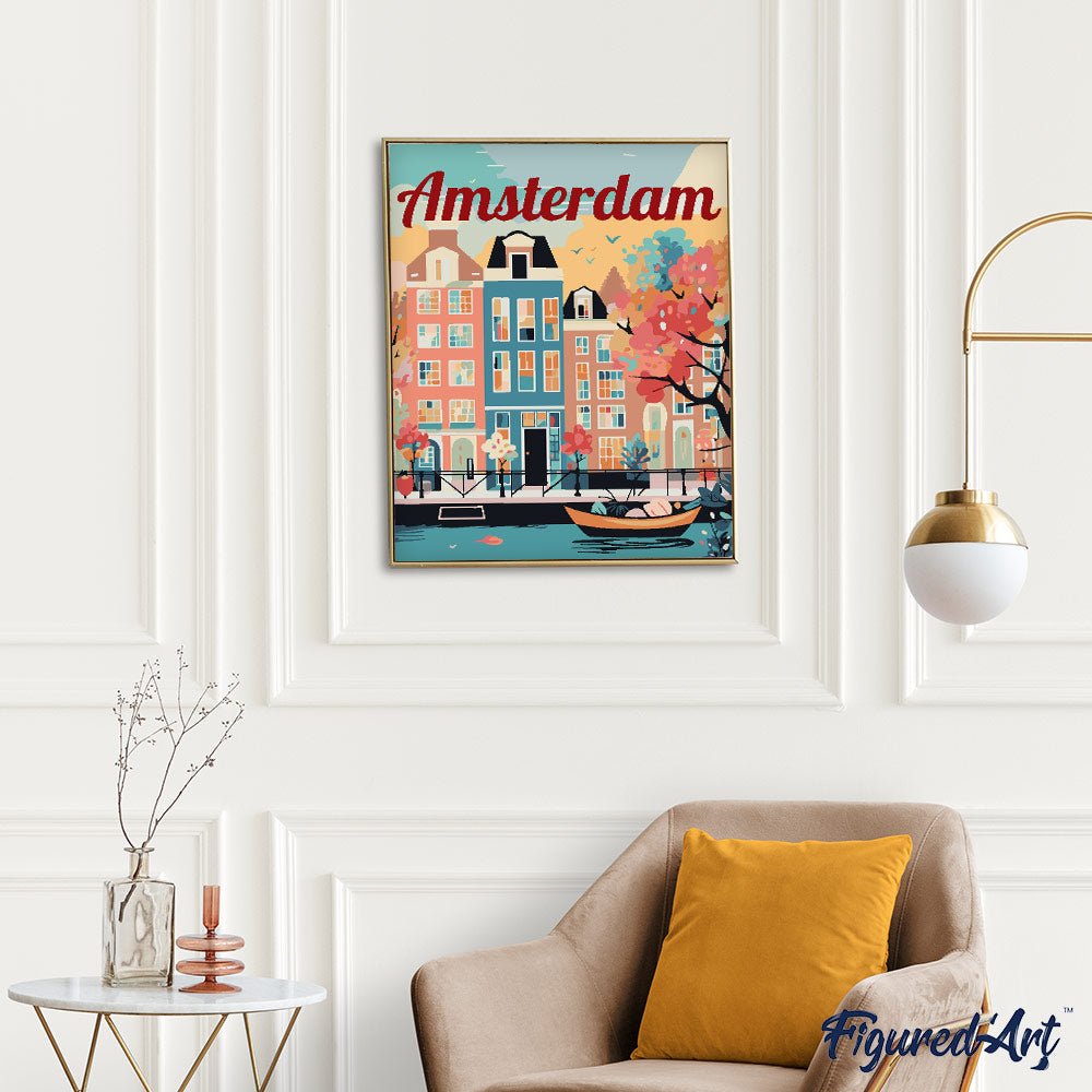 Malen nach Zahlen 40x50cm auf Keilrahmen gespannt Figured’Art Reiseposter Amsterdam in voller Blüte