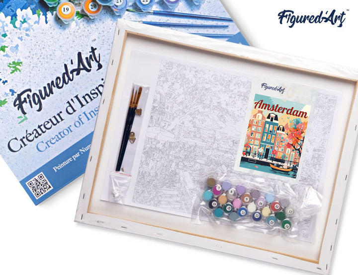 Malen nach Zahlen 40x50cm auf Keilrahmen gespannt Figured’Art Reiseposter Amsterdam in voller Blüte
