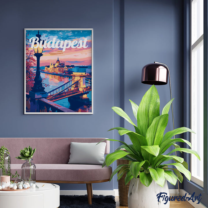 Malen nach Zahlen 40x50cm auf Keilrahmen gespannt Figured’Art Reiseposter Budapest bei Dämmerung