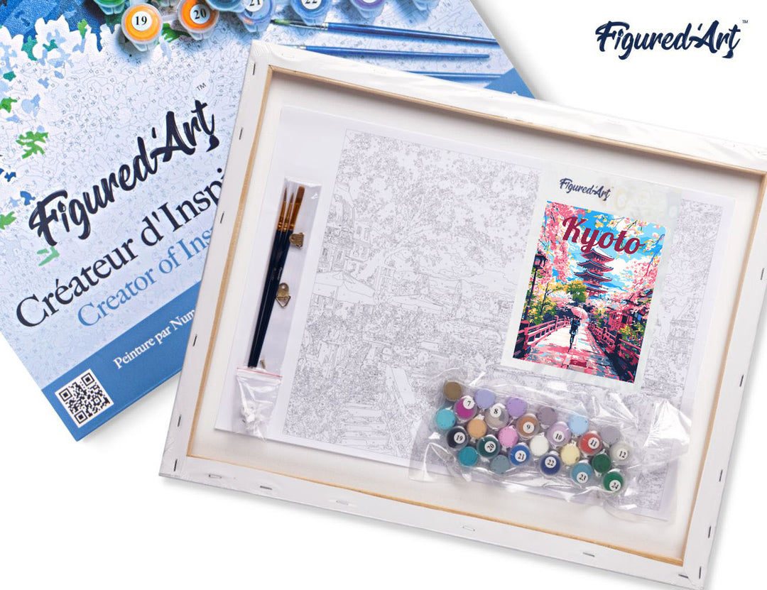 Malen nach Zahlen 40x50cm auf Keilrahmen gespannt Figured’Art Reiseposter Kyoto in voller Blüte