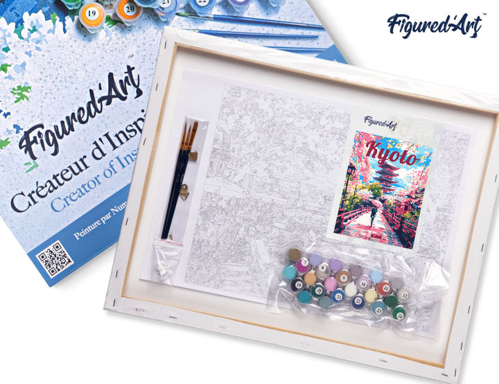 Malen nach Zahlen 40x50cm auf Keilrahmen gespannt Figured’Art Reiseposter Kyoto in voller Blüte