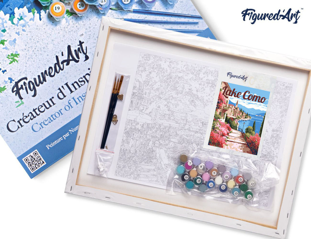 Malen nach Zahlen 40x50cm auf Keilrahmen gespannt Figured’Art Reiseposter Comer See in voller Blüte