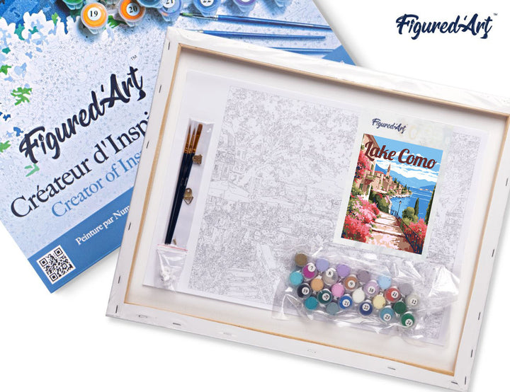 Malen nach Zahlen 40x50cm auf Keilrahmen gespannt Figured’Art Reiseposter Comer See in voller Blüte