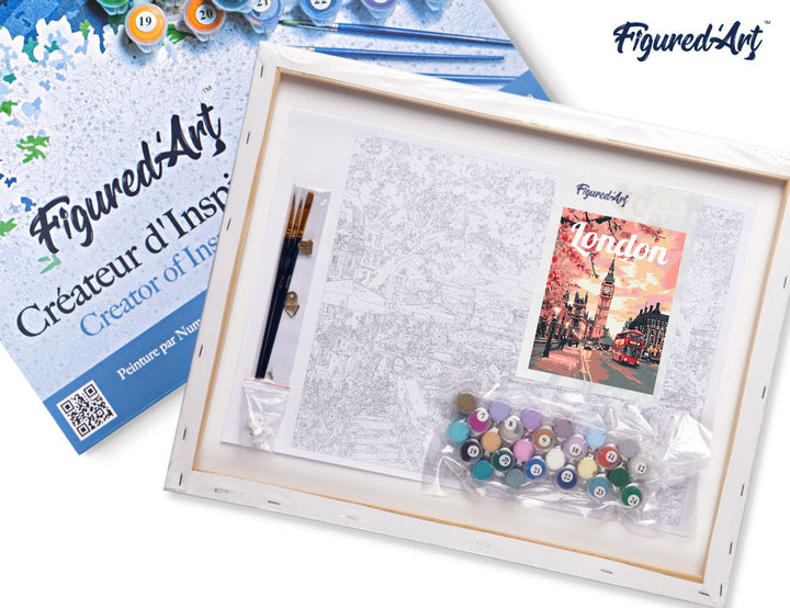 Malen nach Zahlen 40x50cm auf Keilrahmen gespannt Figured’Art Reiseposter London in voller Blüte