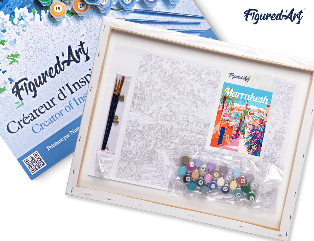 Malen nach Zahlen 40x50cm auf Keilrahmen gespannt Figured’Art Reiseposter Marrakesch Marokko