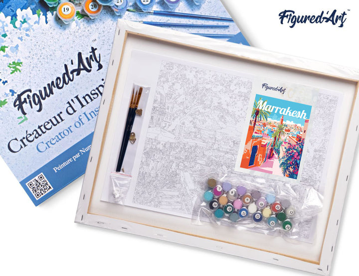 Malen nach Zahlen 40x50cm auf Keilrahmen gespannt Figured’Art Reiseposter Marrakesch Marokko