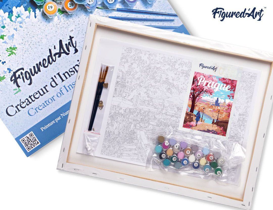 Malen nach Zahlen 40x50cm auf Keilrahmen gespannt Figured’Art Reiseposter Prag in voller Blüte