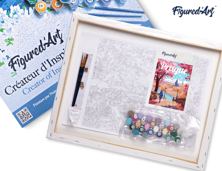 Malen nach Zahlen 40x50cm auf Keilrahmen gespannt Figured’Art Reiseposter Prag in voller Blüte