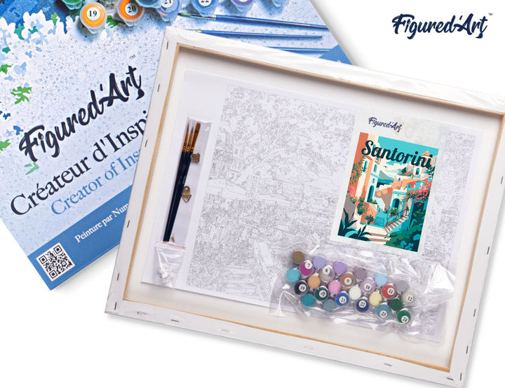 Malen nach Zahlen 40x50cm auf Keilrahmen gespannt Figured’Art Reiseposter Santorin in voller Blüte