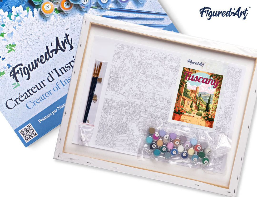 Malen nach Zahlen 40x50cm auf Keilrahmen gespannt Figured’Art Reiseposter Toskana in voller Blüte