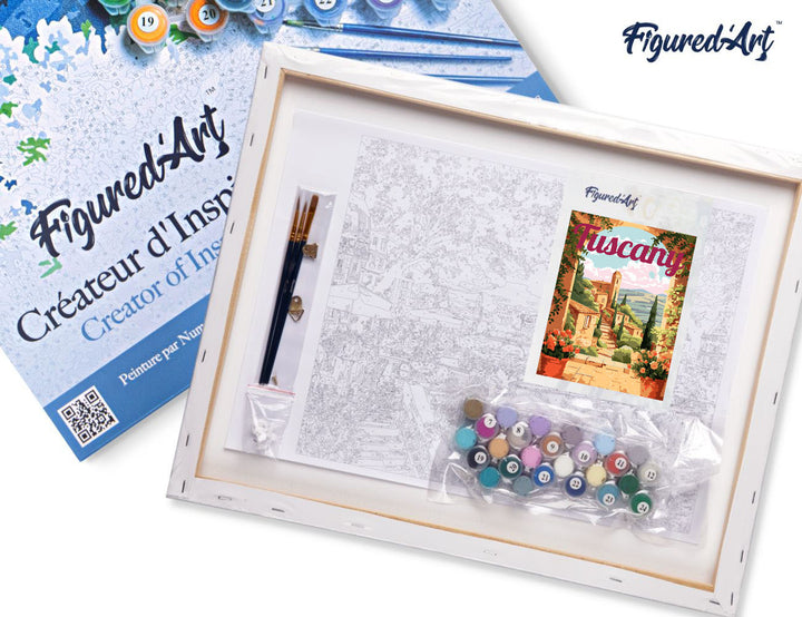 Malen nach Zahlen 40x50cm auf Keilrahmen gespannt Figured’Art Reiseposter Toskana in voller Blüte