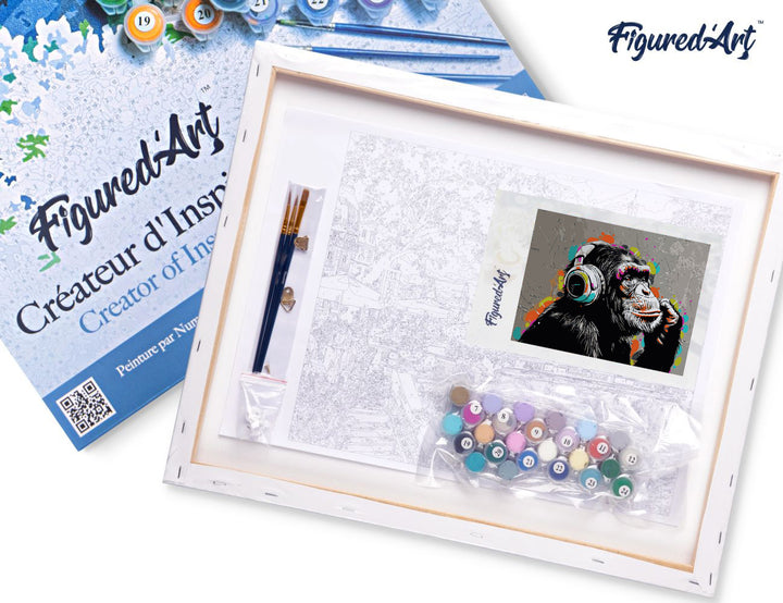 Malen nach Zahlen 40x50cm auf Keilrahmen gespannt Figured’Art Street Art Funky Schimpanse - Kidis Art