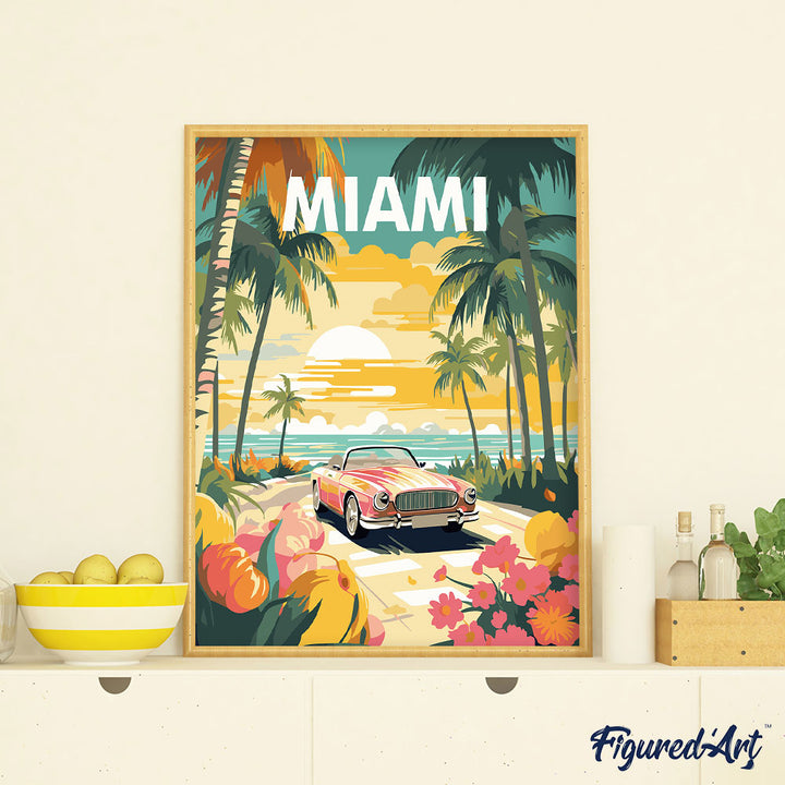 Malen nach Zahlen 40x50cm auf Keilrahmen gespannt Figured’Art Reiseposter Miami Sonnenuntergang