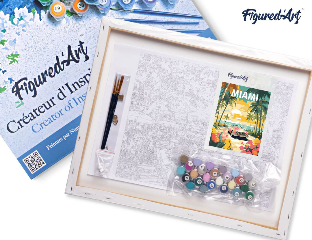 Malen nach Zahlen 40x50cm auf Keilrahmen gespannt Figured’Art Reiseposter Miami Sonnenuntergang