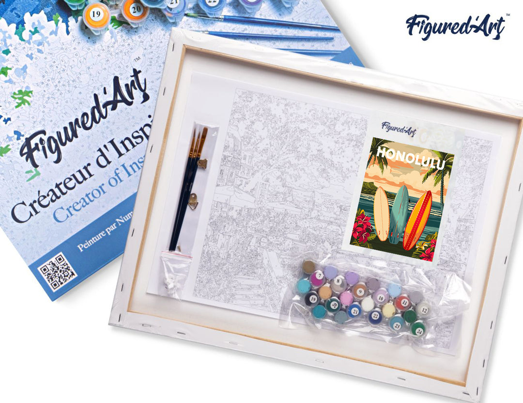 Malen nach Zahlen 40x50cm auf Keilrahmen gespannt Figured’Art Reiseposter Honolulu