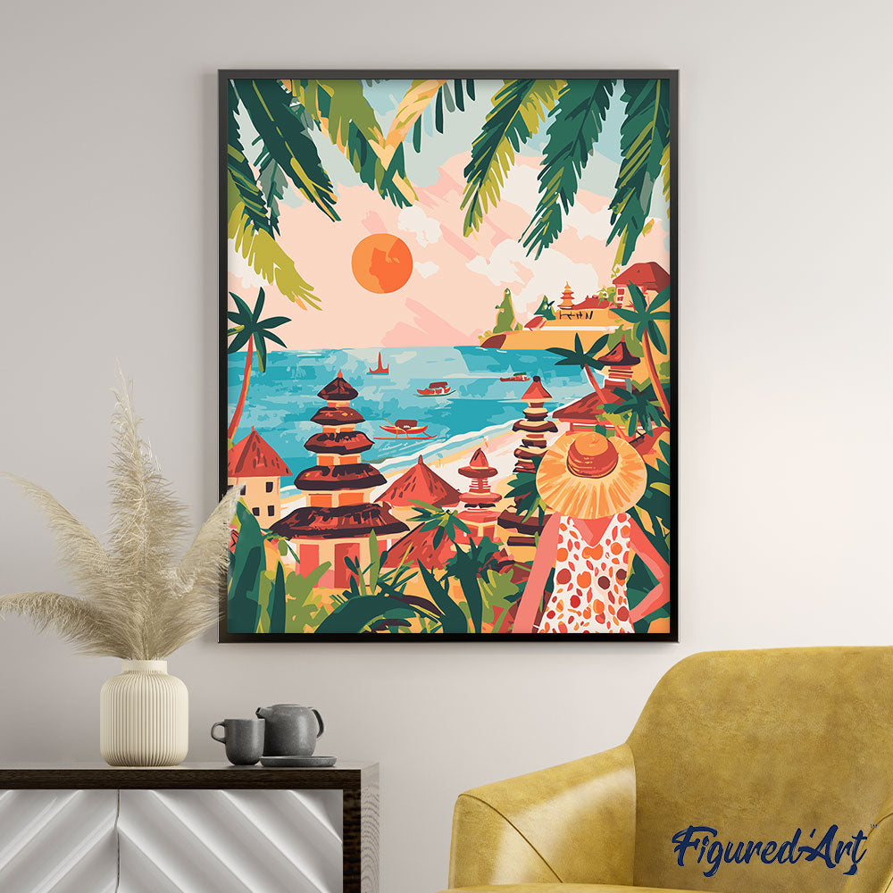 Malen nach Zahlen 40x50cm auf Keilrahmen gespannt Figured’Art Bali Sonnenuntergang