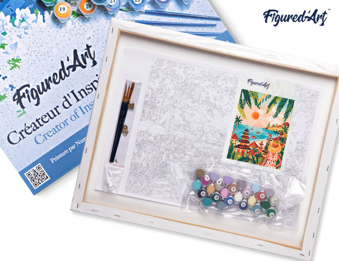 Malen nach Zahlen 40x50cm auf Keilrahmen gespannt Figured’Art Bali Sonnenuntergang