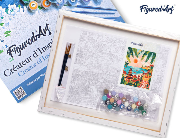 Malen nach Zahlen 40x50cm auf Keilrahmen gespannt Figured’Art Bali Sonnenuntergang