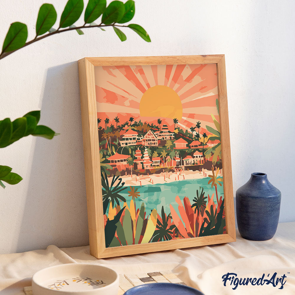 Malen nach Zahlen 40x50cm auf Keilrahmen gespannt Figured’Art Bali Sonnenaufgang