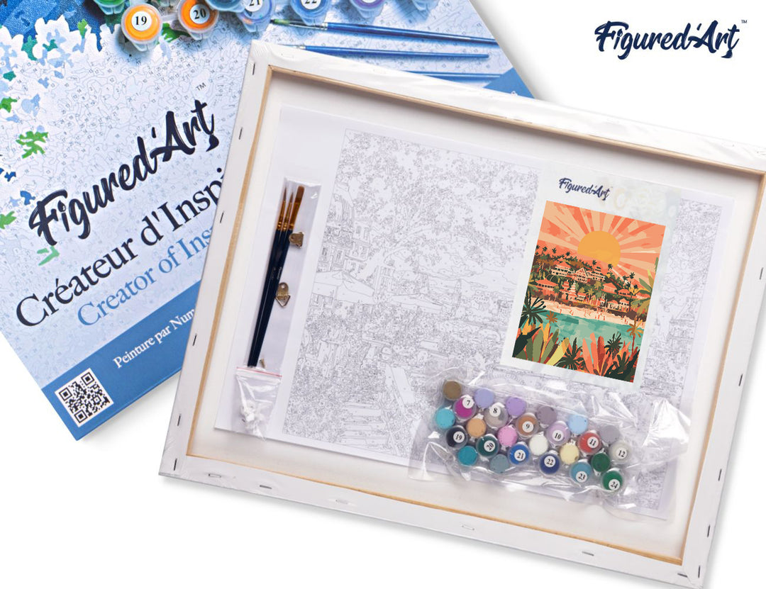 Malen nach Zahlen 40x50cm auf Keilrahmen gespannt Figured’Art Bali Sonnenaufgang