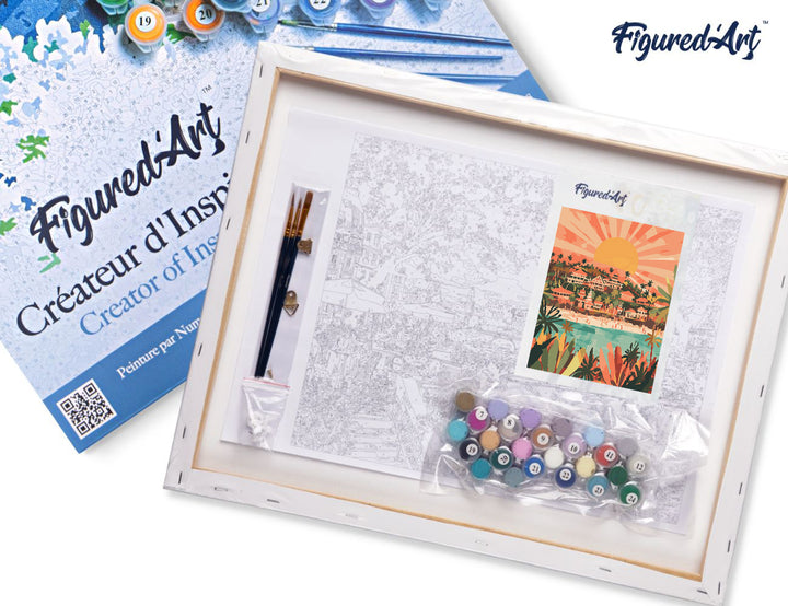 Malen nach Zahlen 40x50cm auf Keilrahmen gespannt Figured’Art Bali Sonnenaufgang