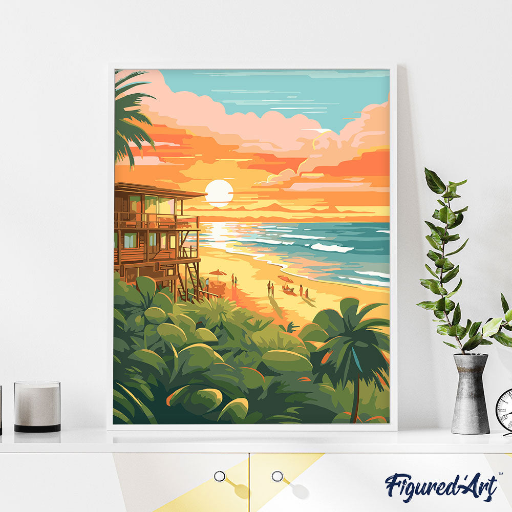 Figured'Art Malen nach Zahlen 40x50cm auf Keilrahmen gespannt Strandclub bei Sonnenuntergang - Kidis Art