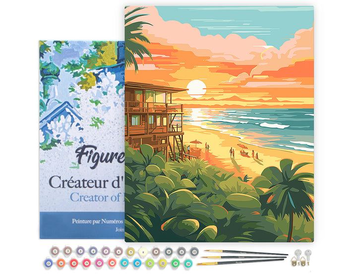 Figured'Art Malen nach Zahlen 40x50cm auf Keilrahmen gespannt Strandclub bei Sonnenuntergang - Kidis Art