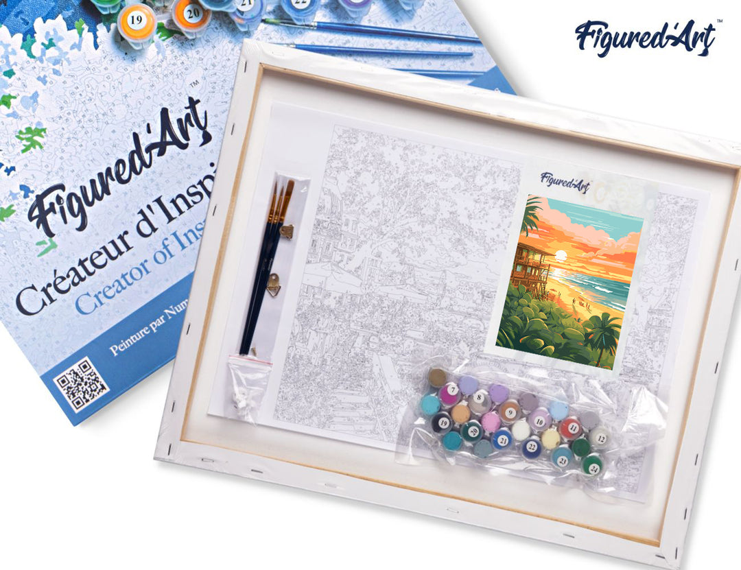 Figured'Art Malen nach Zahlen 40x50cm auf Keilrahmen gespannt Strandclub bei Sonnenuntergang - Kidis Art