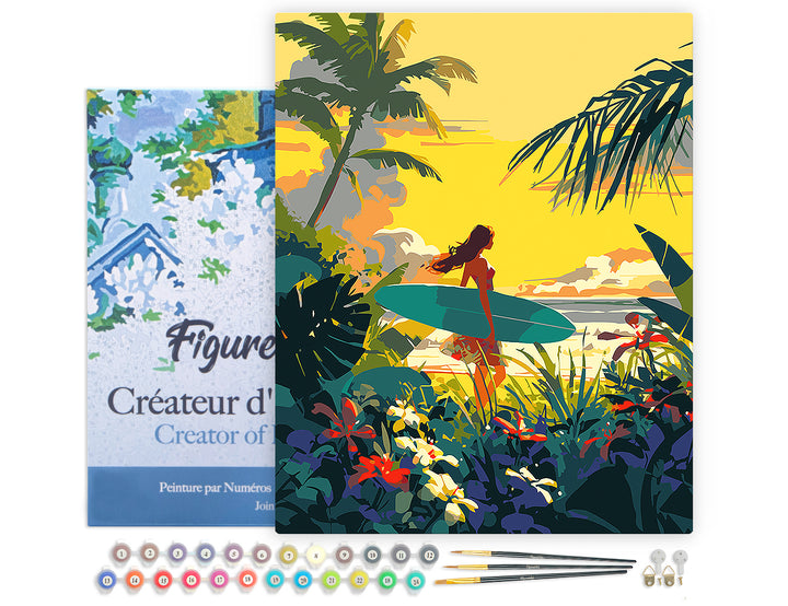 Figured'Art Malen Nach Zahlen 40x50 cm Surfer Bei Sonnenuntergang Komplettset Mit Acrylfarben Pinsel Keilrahmen - Kidis Art