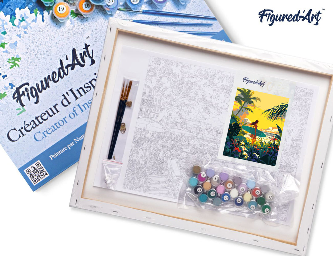 Figured'Art Malen Nach Zahlen 40x50 cm Surfer Bei Sonnenuntergang Komplettset Mit Acrylfarben Pinsel Keilrahmen - Kidis Art