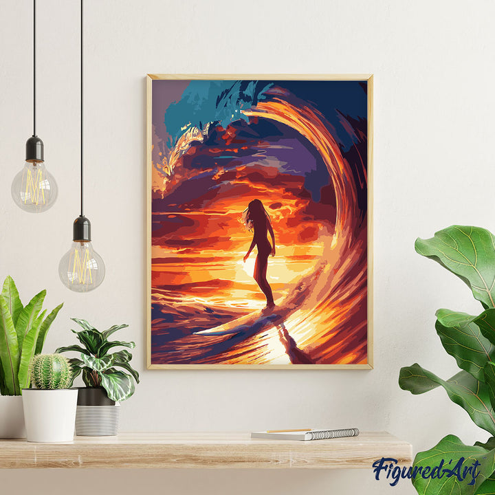 Malen nach Zahlen 40x50cm auf Keilrahmen gespannt Figured’Art Surfmädchen und die grosse Welle
