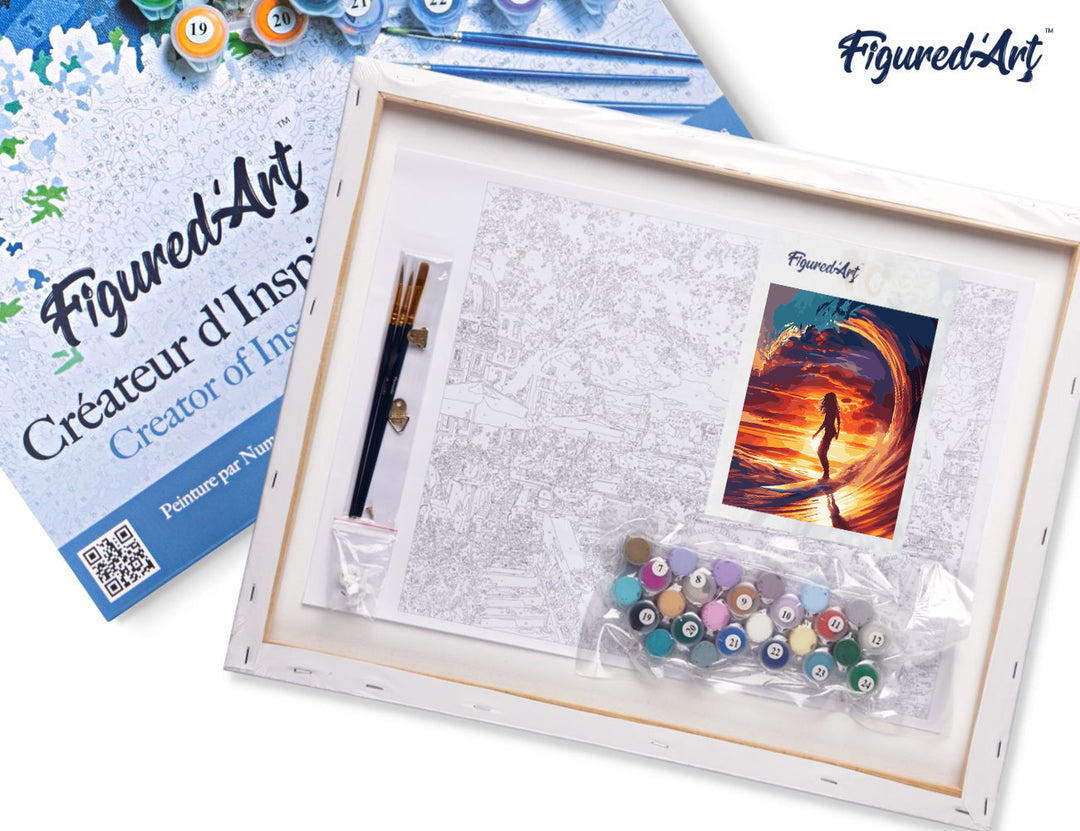 Malen nach Zahlen 40x50cm auf Keilrahmen gespannt Figured’Art Surfmädchen und die grosse Welle