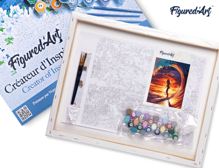 Malen nach Zahlen 40x50cm auf Keilrahmen gespannt Figured’Art Surfmädchen und die grosse Welle