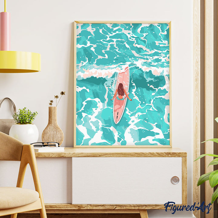 Malen nach Zahlen 40x50cm auf Keilrahmen gespannt Figured’Art Mädchen inmitten der Wellen