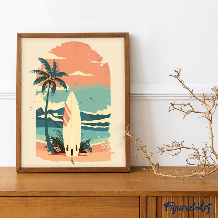 Malen nach Zahlen 40x50cm auf Keilrahmen gespannt Figured’Art Surfbrett am Strand - Kidis Art