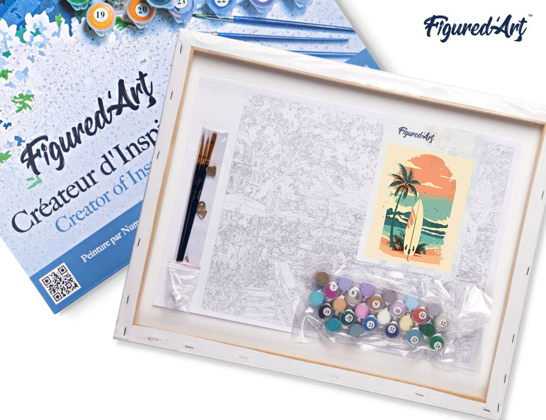 Malen nach Zahlen 40x50cm auf Keilrahmen gespannt Figured’Art Surfbrett am Strand - Kidis Art