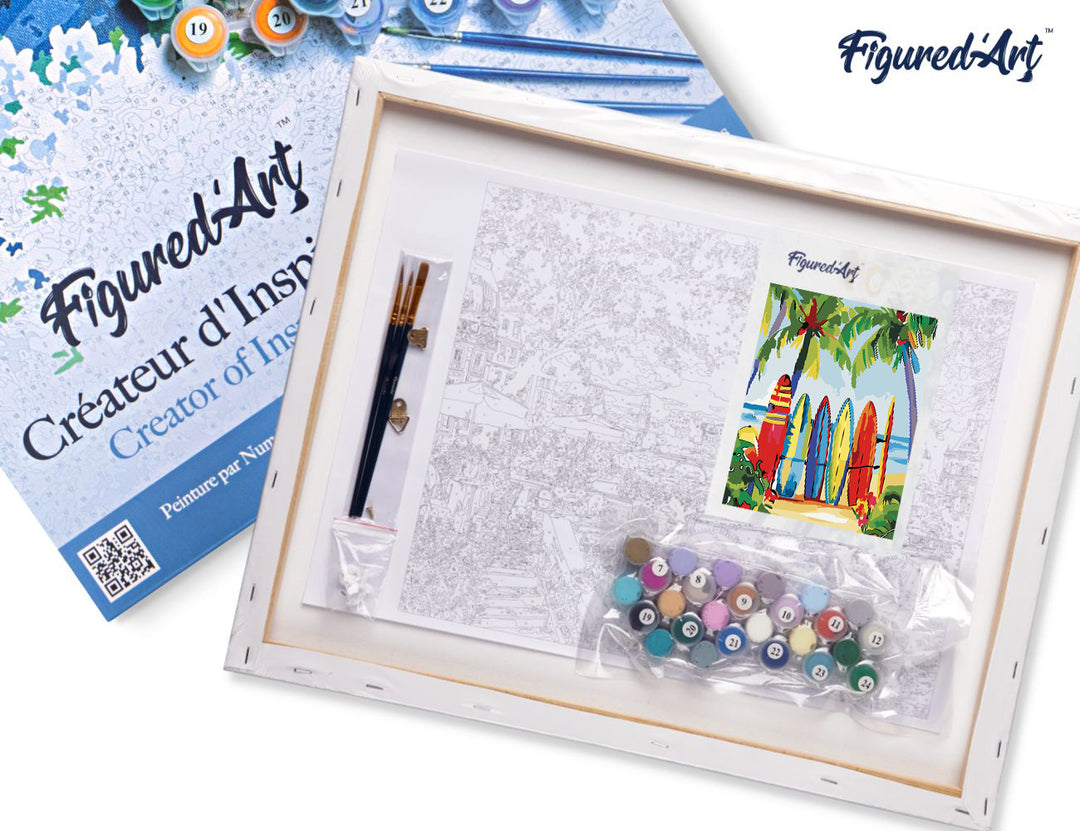 Malen nach Zahlen 40x50cm auf Keilrahmen gespannt Figured’Art Bunte Surfbretter