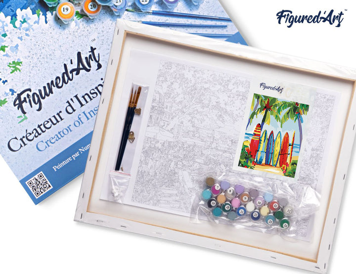 Malen nach Zahlen 40x50cm auf Keilrahmen gespannt Figured’Art Bunte Surfbretter