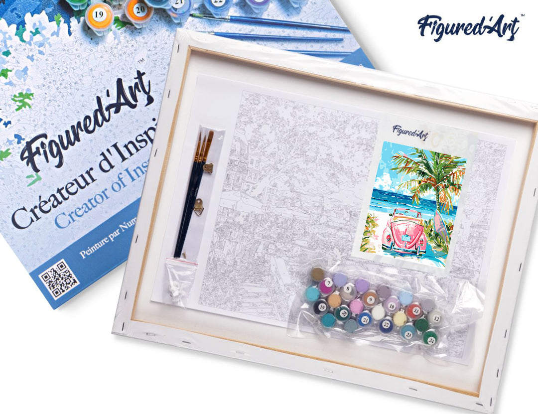 Malen nach Zahlen 40x50cm auf Keilrahmen gespannt Figured’Art Rosa Auto am Meer